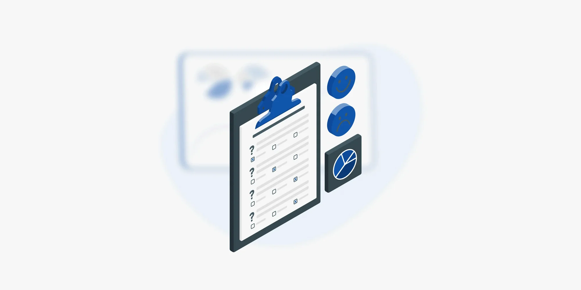 رسم توضيحي يُظهر لوح كتابة يحمل ورقة استبيان أو قائمة فحص، وبجانبه رموز تعبيرية لوجه مبتسم وآخر حزين بالإضافة إلى أيقونة لمخطط بياني دائري، مما يعبر عن عملية تحليل التقييمات أو قياس رضا العملاء.