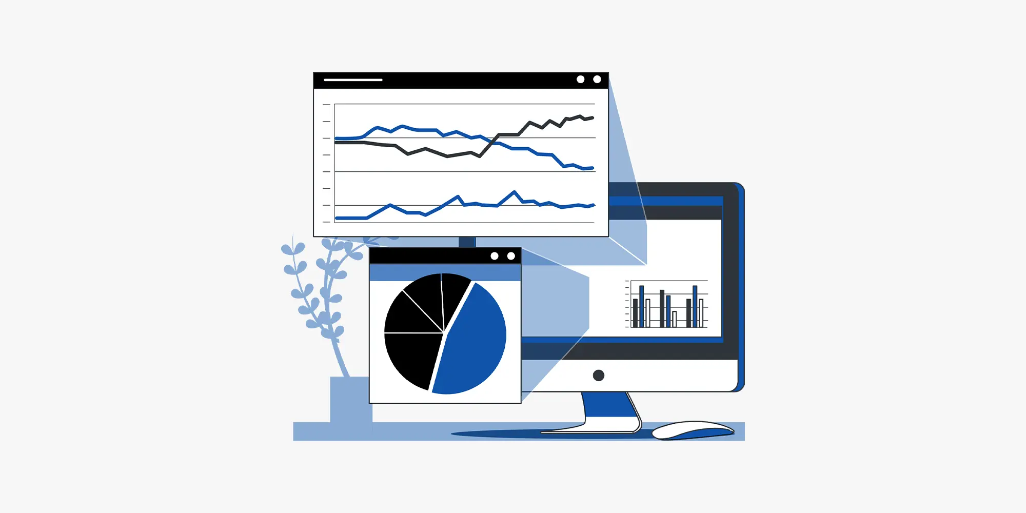 رسم توضيحي لشاشة حاسوب تعرض نوافذ منبثقة لمخططات بيانية متنوعة، تشمل رسماً بيانياً دائرياً ومخططات خطية متداخلة، مما يعبر عن تحليل بيانات المبيعات، مراقبة الأداء المالي، أو تعقيدات التدفق النقدي.