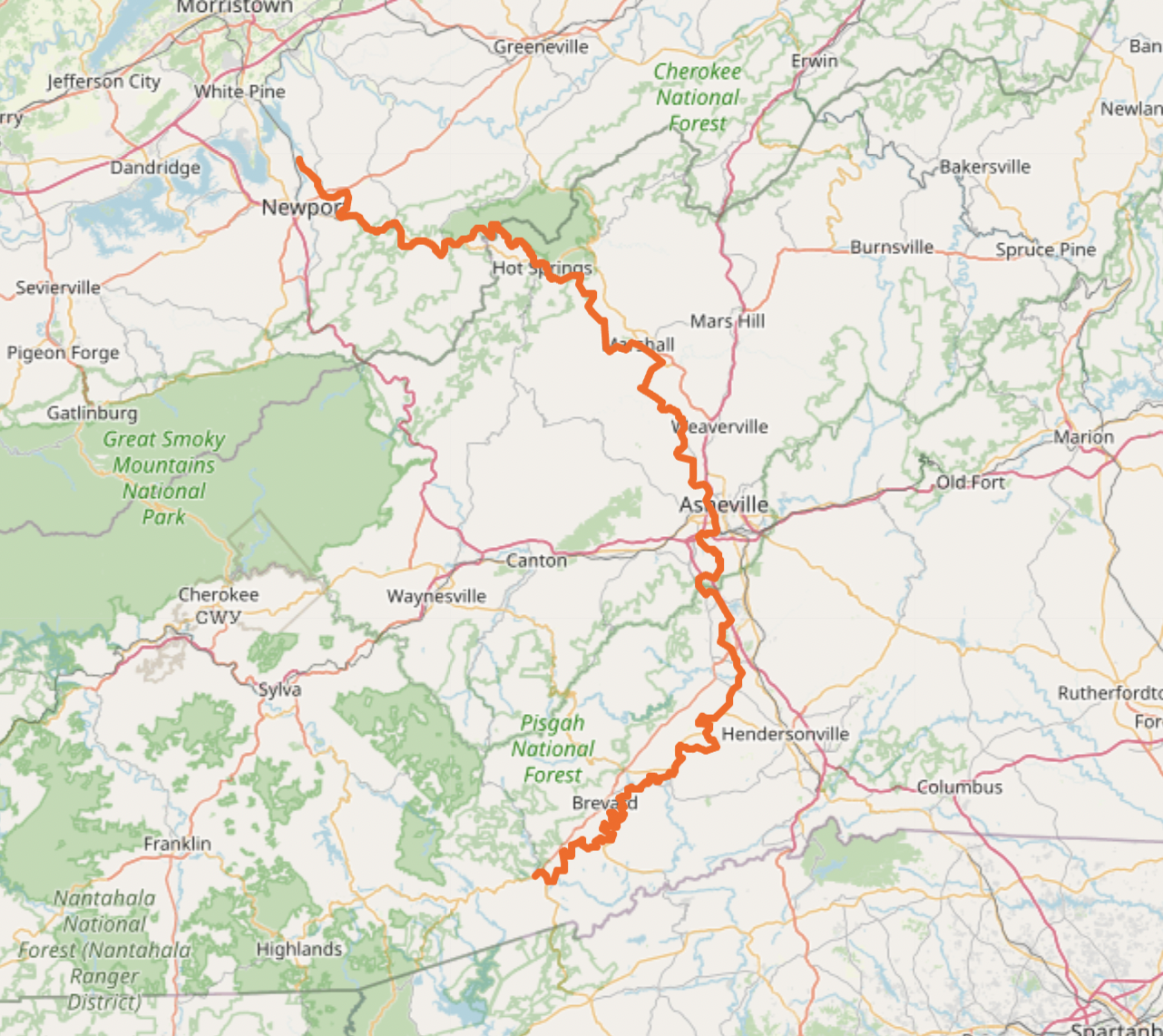 French Broad River Route on a map