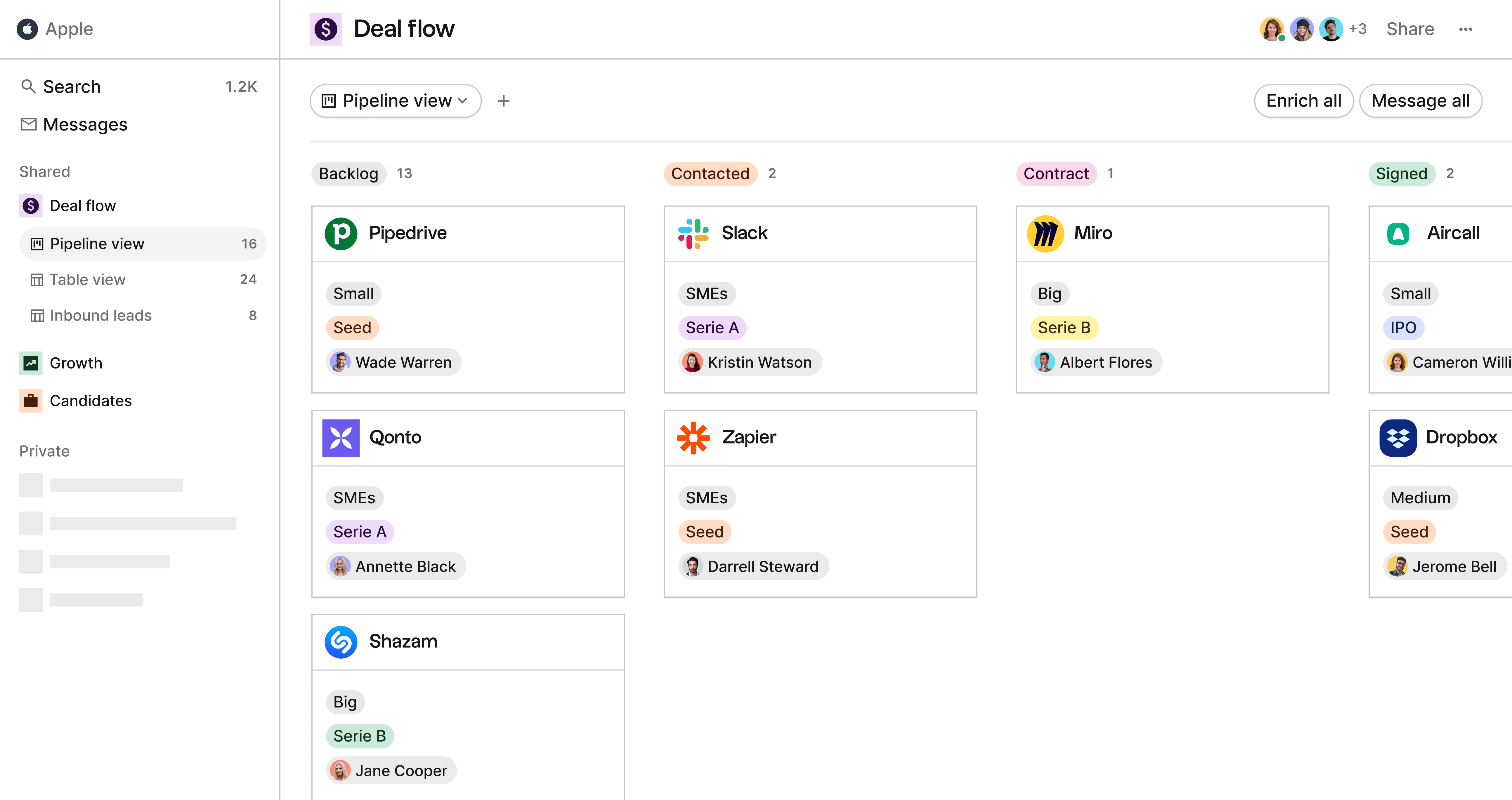 A deal flow kanban board on folk