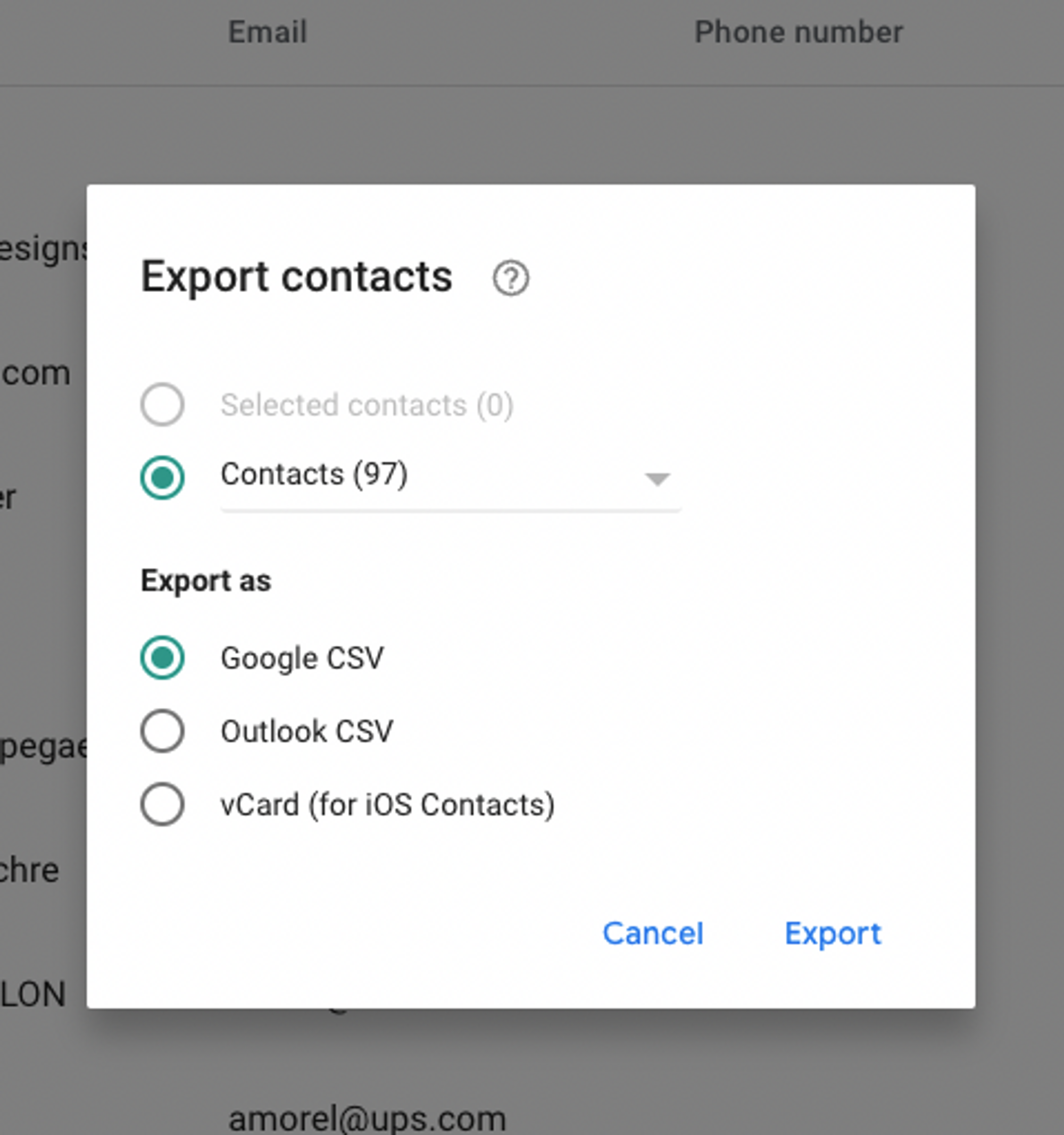 Export Google contacts