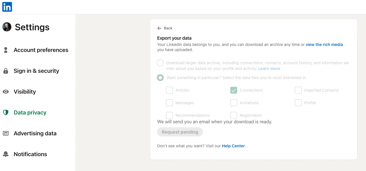 LinkedIn settings where you can export your data