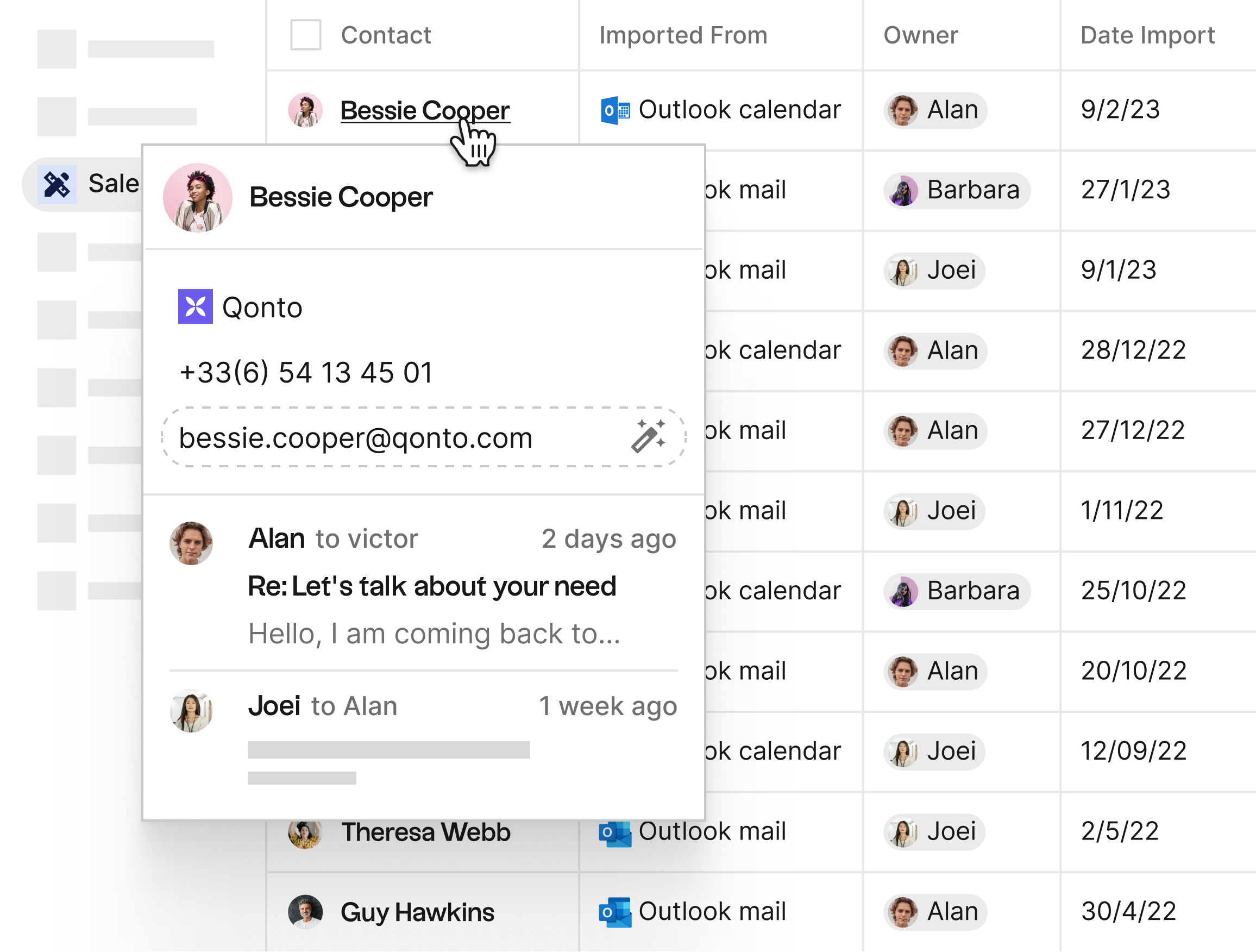 Un contacto en el CRM de folk, mostrado en contexto, con interacciones pasadas