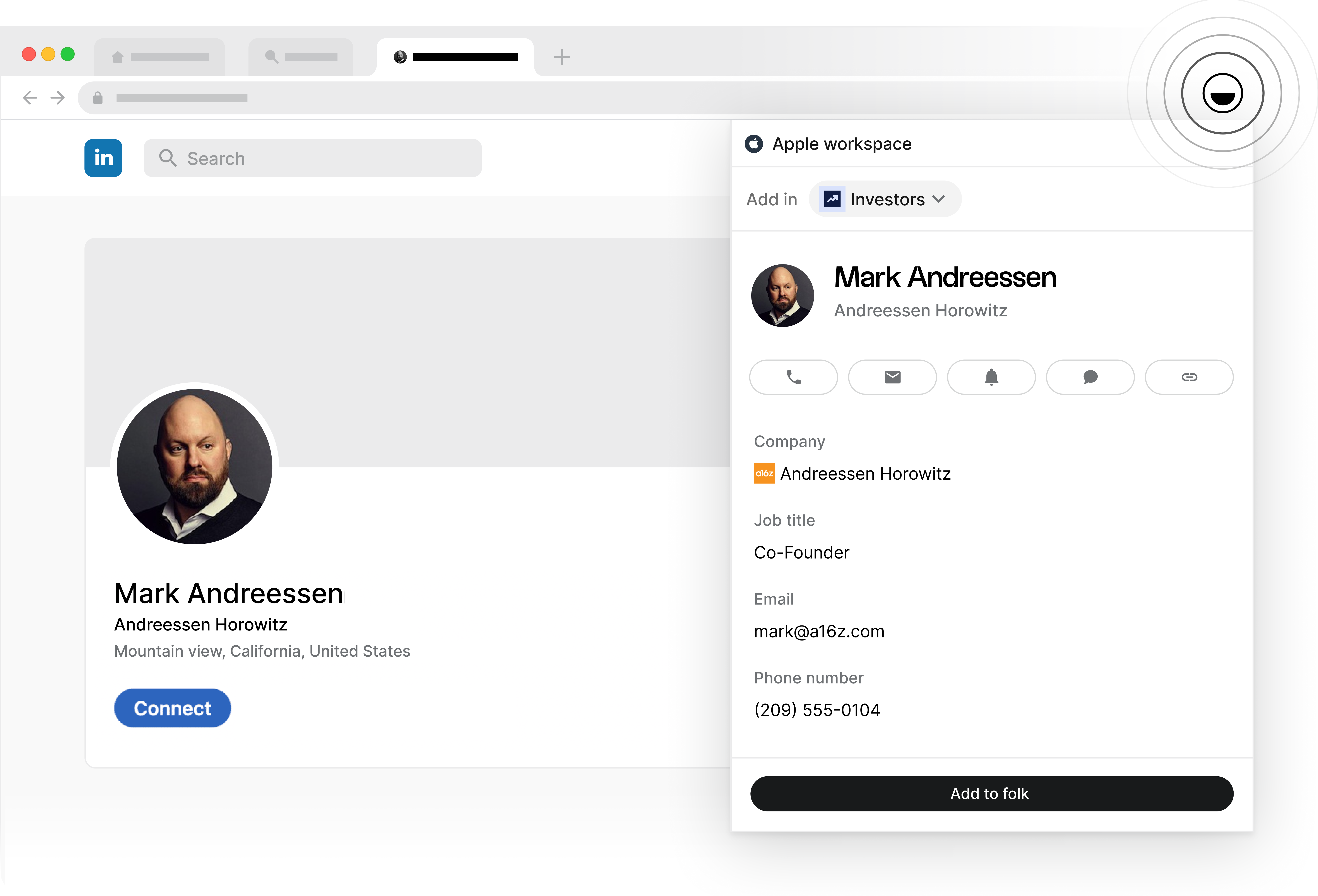 La extensión folkX de Chrome siendo utilizada en LinkedIn