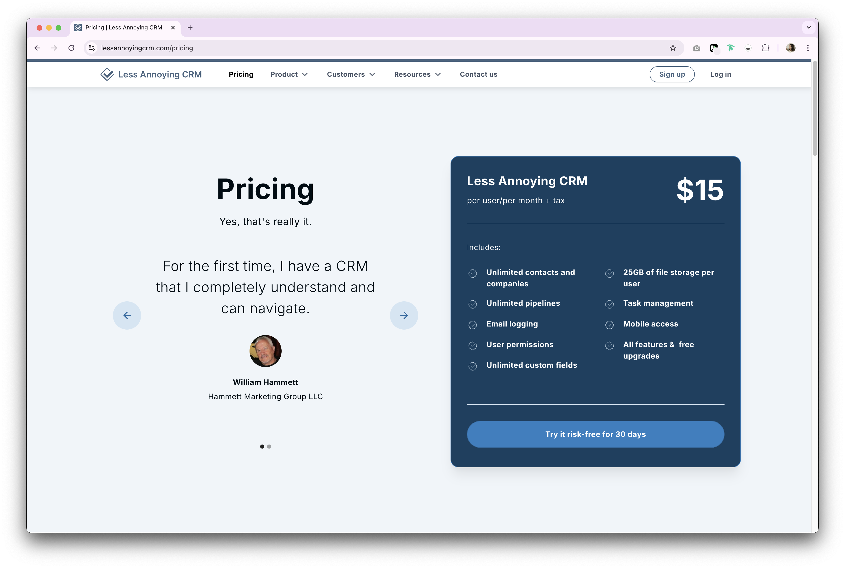 Preços e planos do Less Annoying CRM