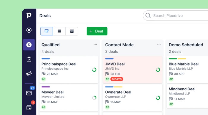 Vista de negocios de Pipedrive CRM