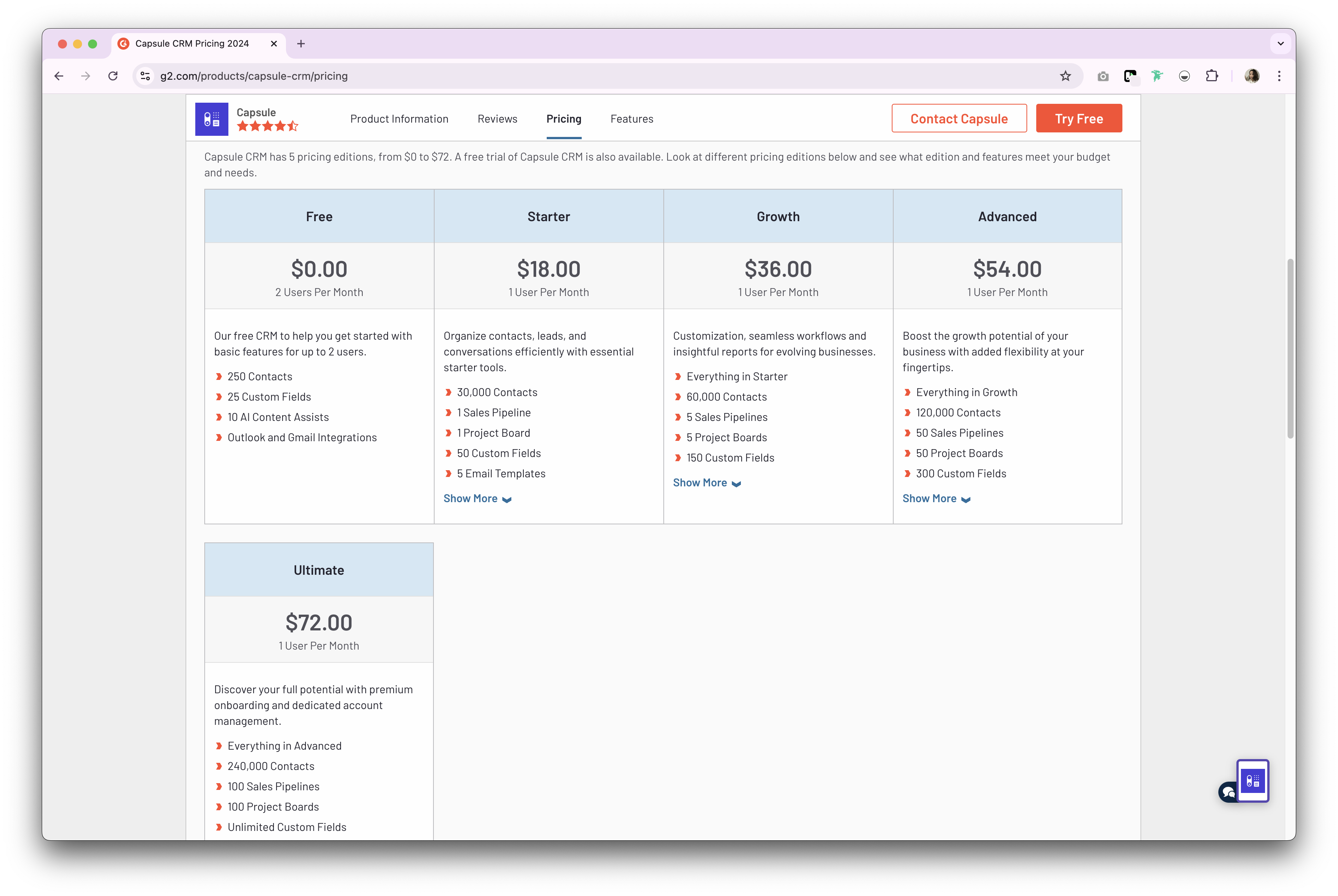 Preços e planos do Capsule CRM