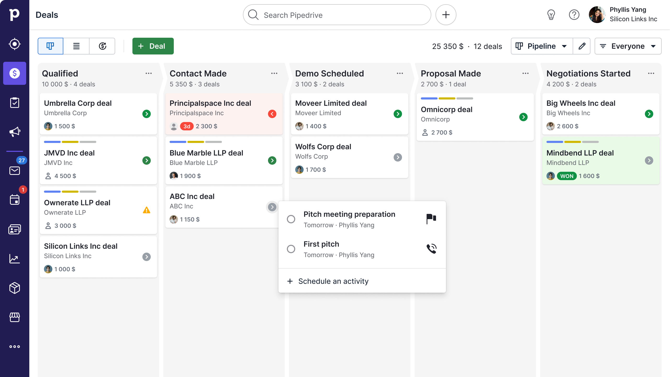 Visão do funil de negócios do Pipedrive CRM
