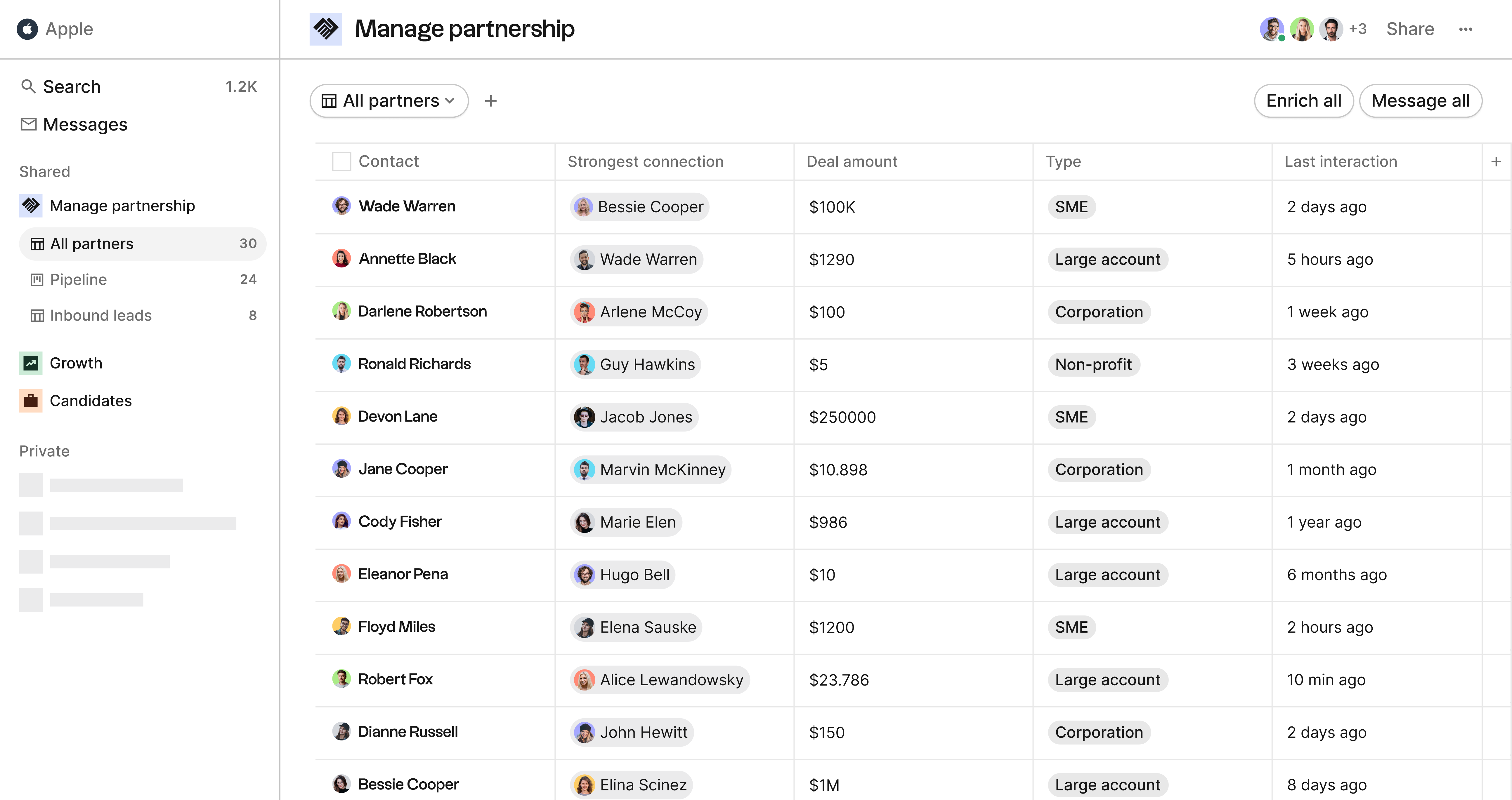folk CRM Partnerships contacts table view