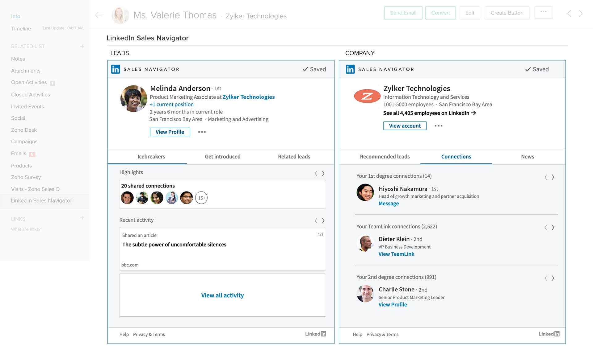 Zoho crm linkedin