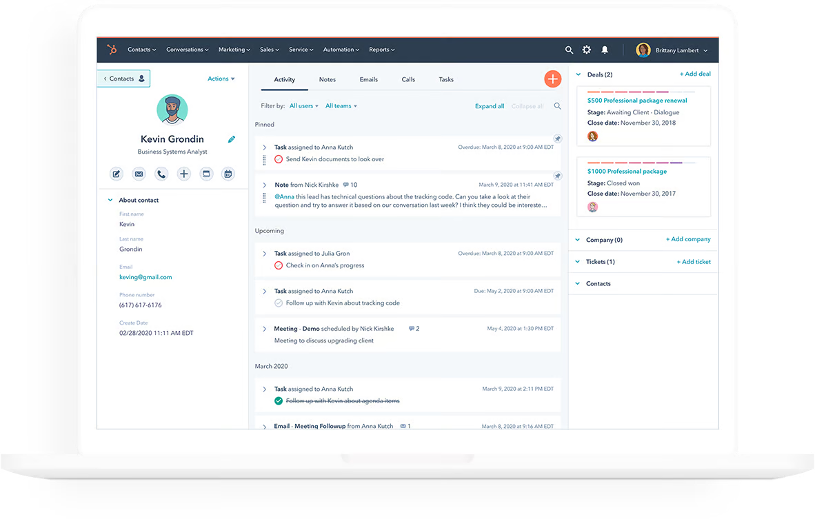 Interfaz de Hubspot