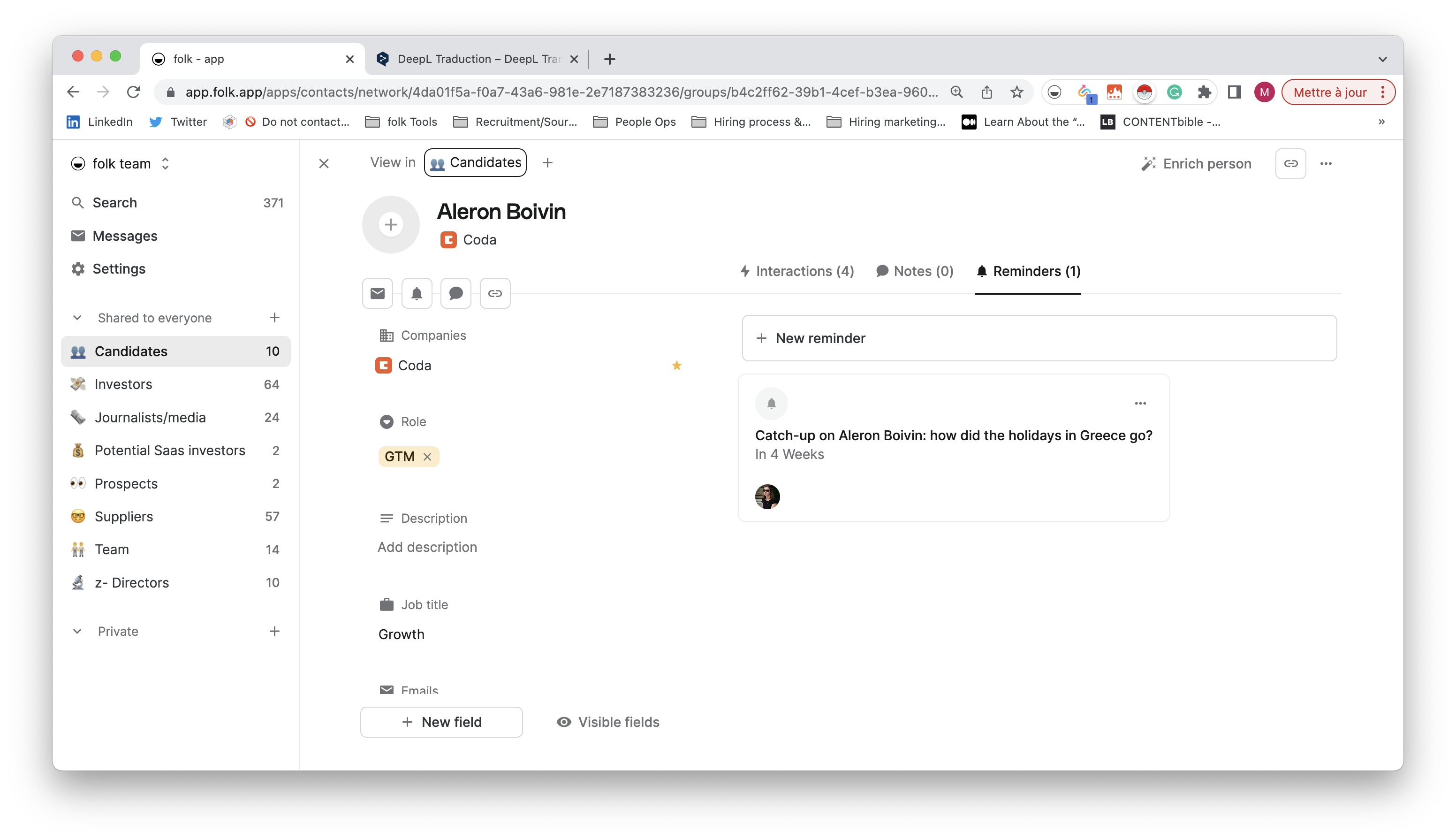 folk CRM showing a reminder on a contact