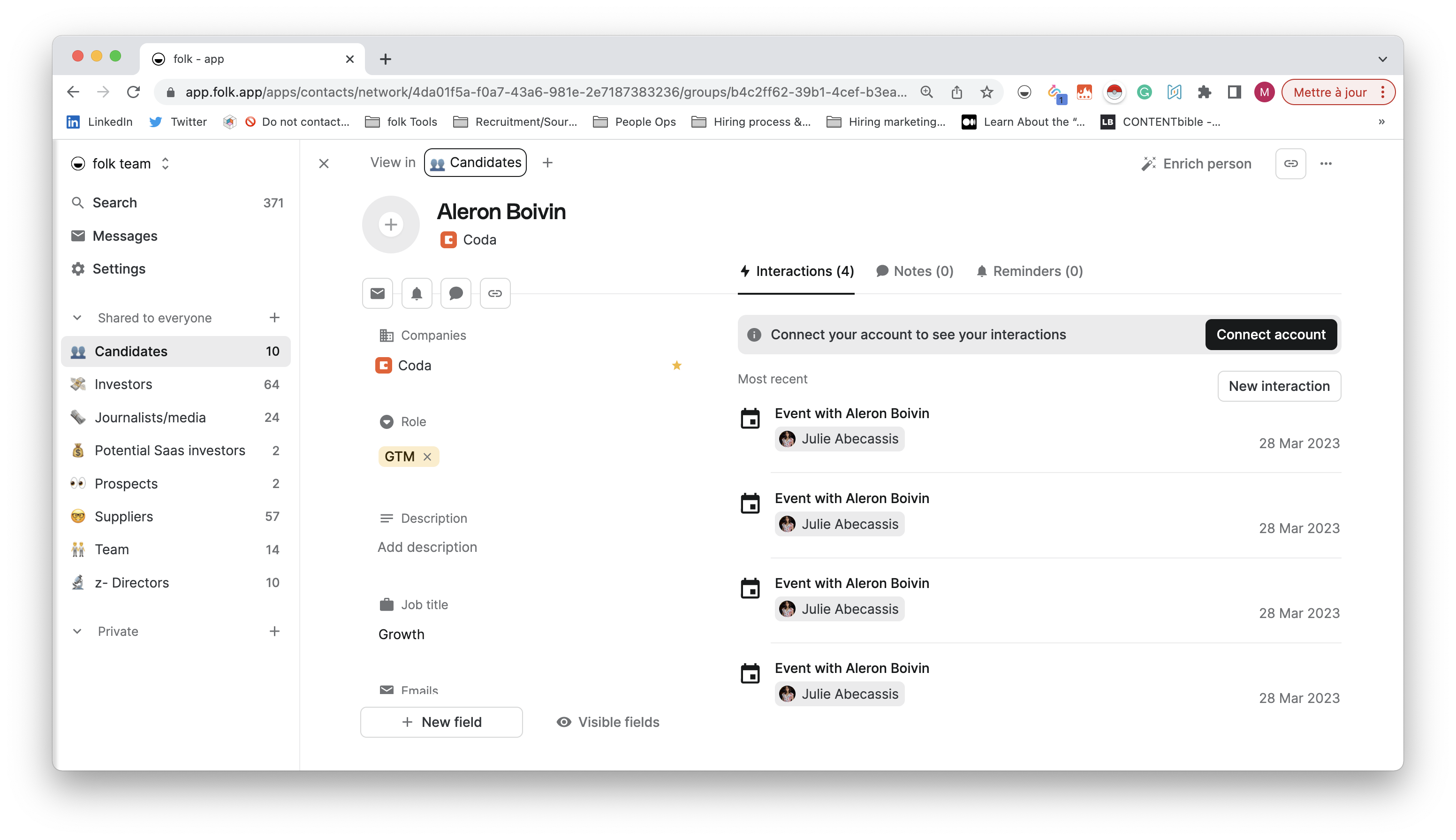 folk CRM contact profile with history of interactions