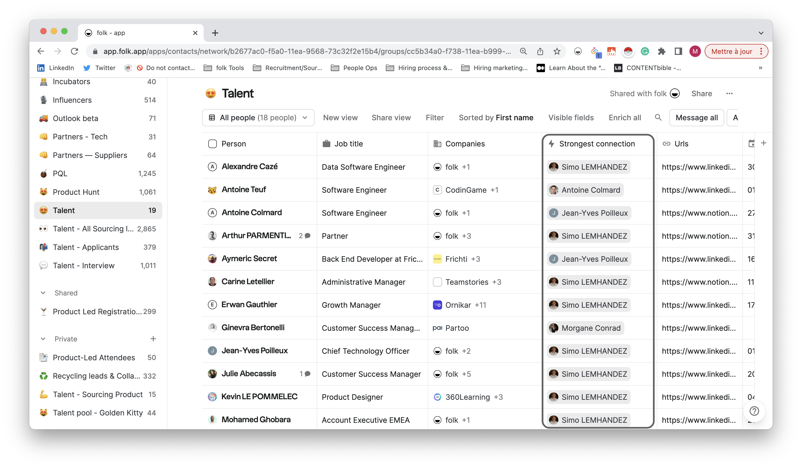 folk CRM app showing Strongest Connection field highlighted