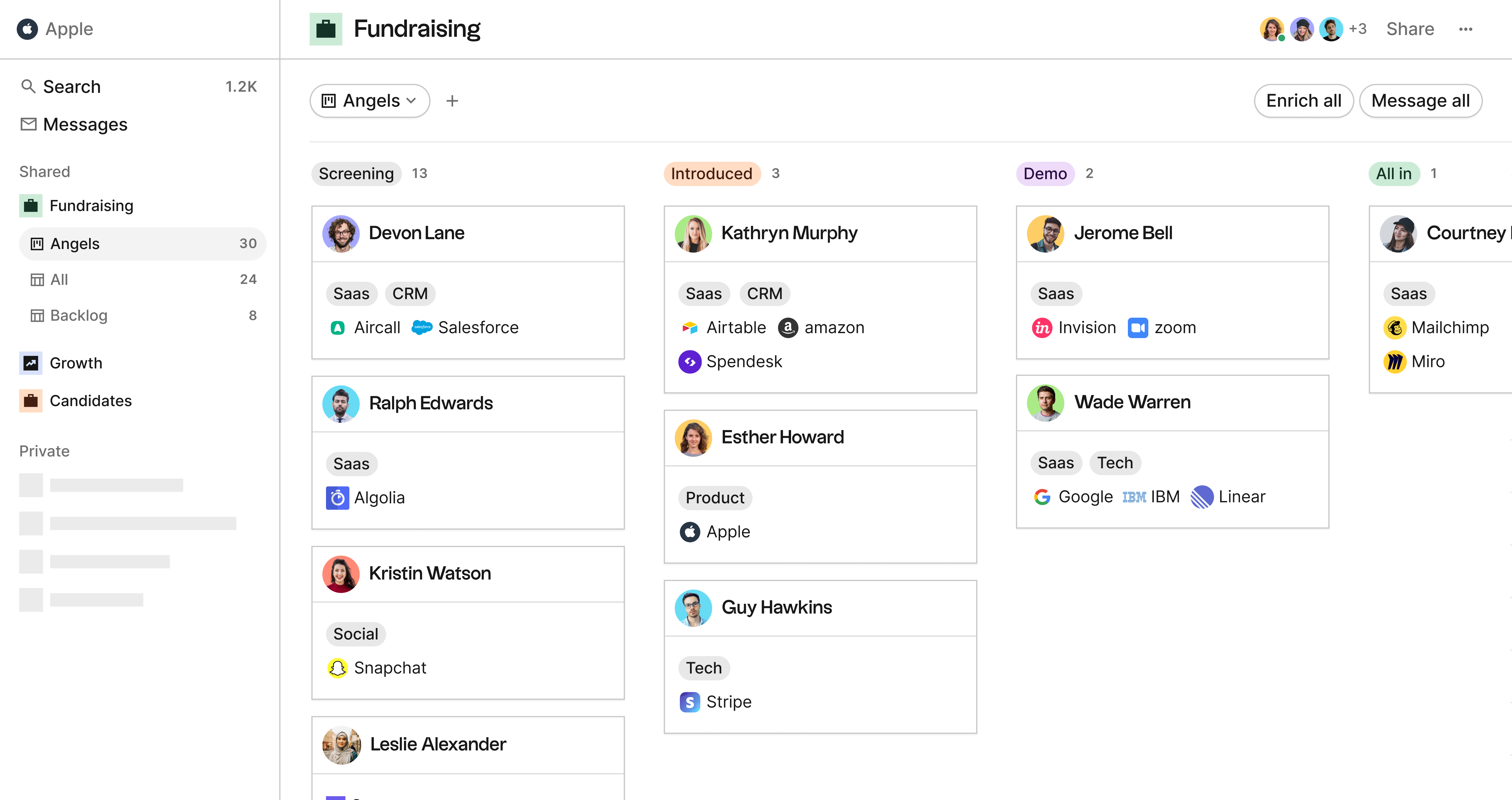 folk CRM showing a fundraising pipeline kanban view
