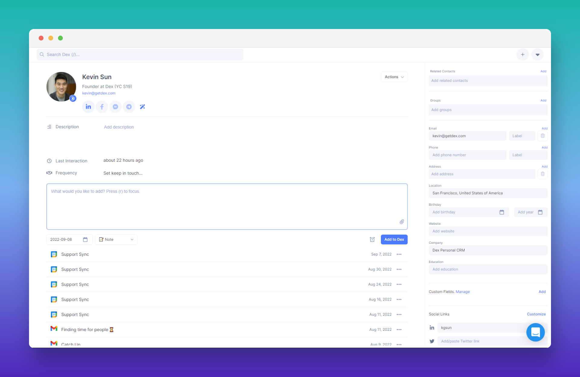 Dex CRM showing a contact timeline