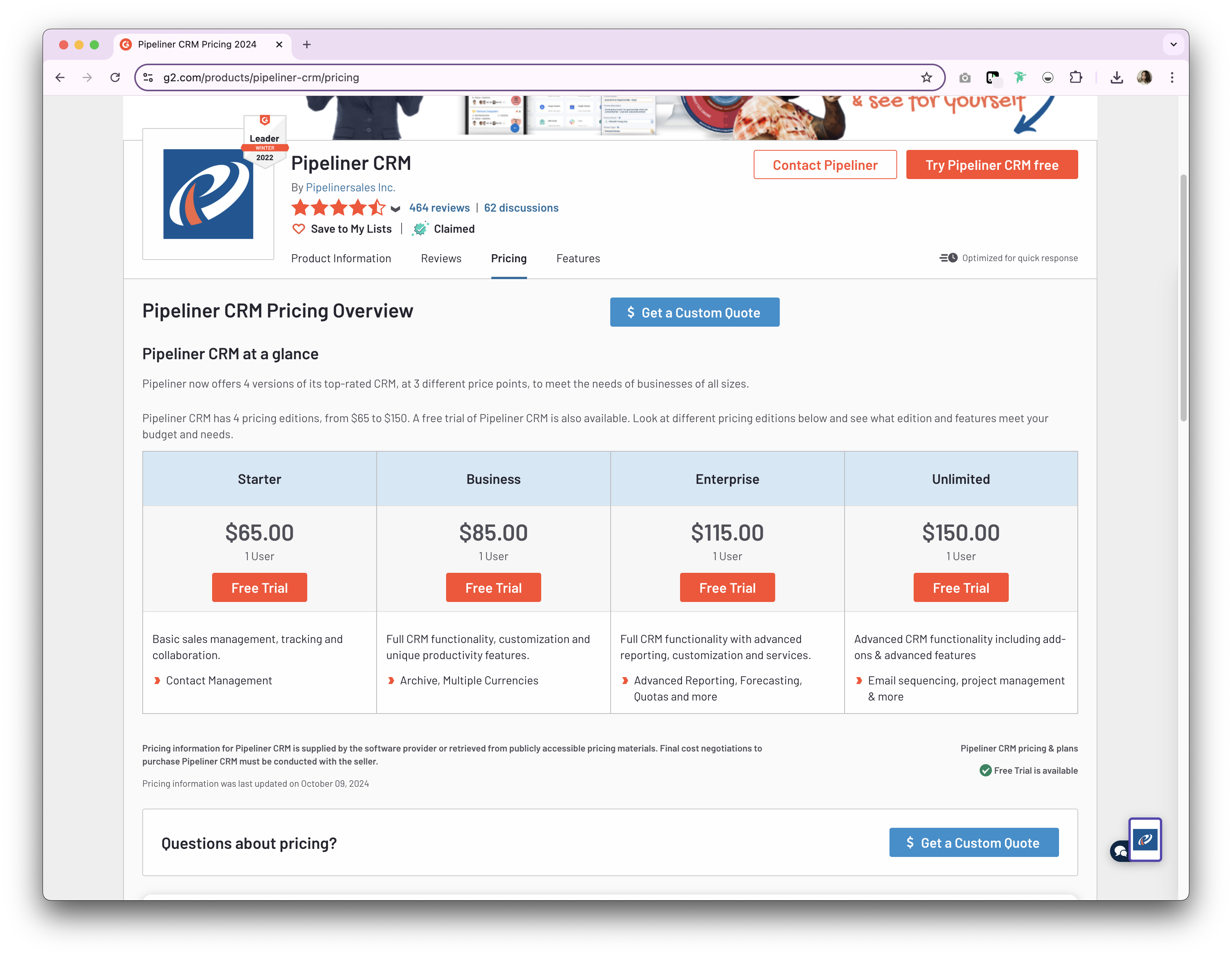 Pipeliner CRM prices and plans
