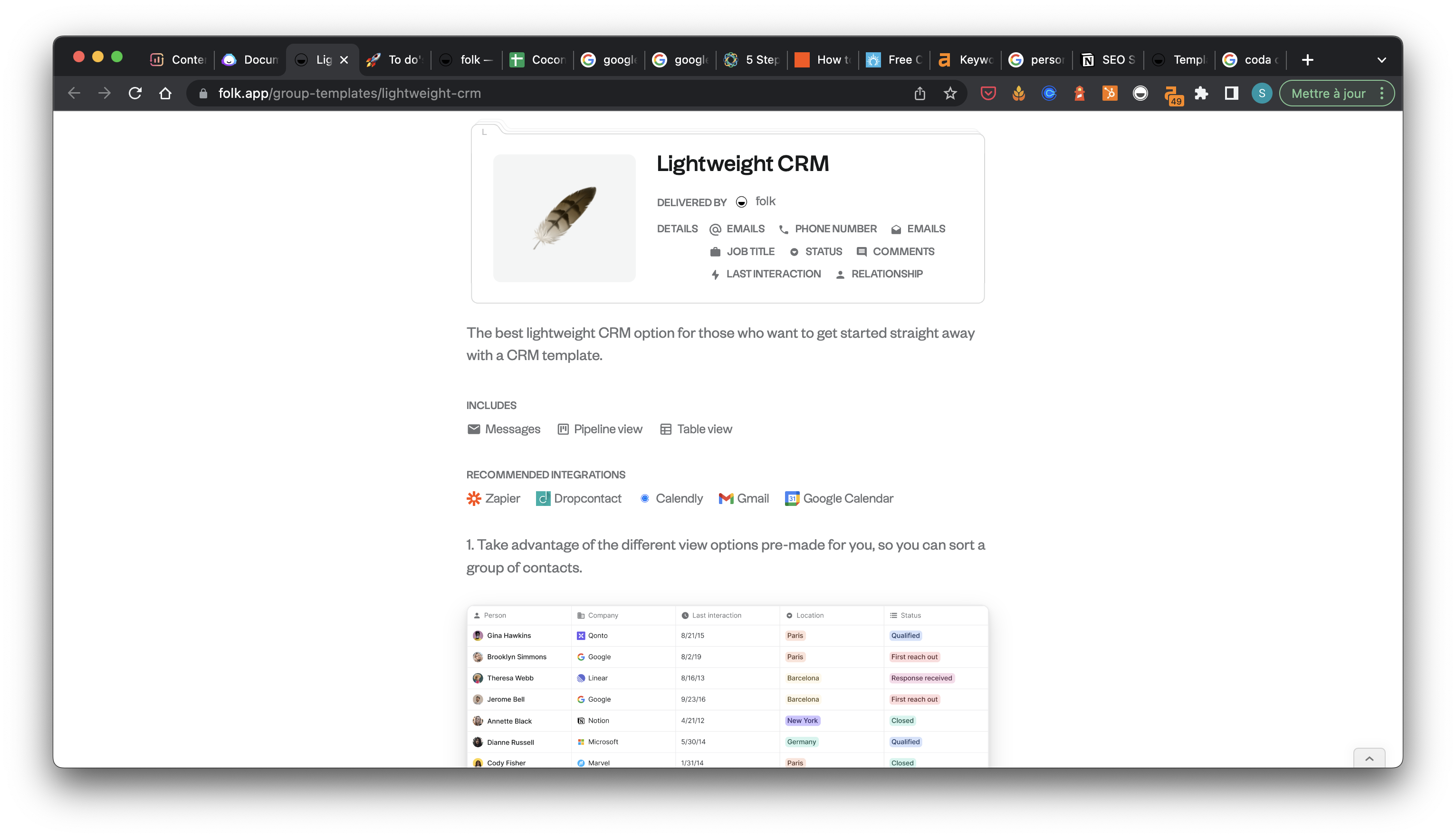 Lightweight CRM template on folk landing page