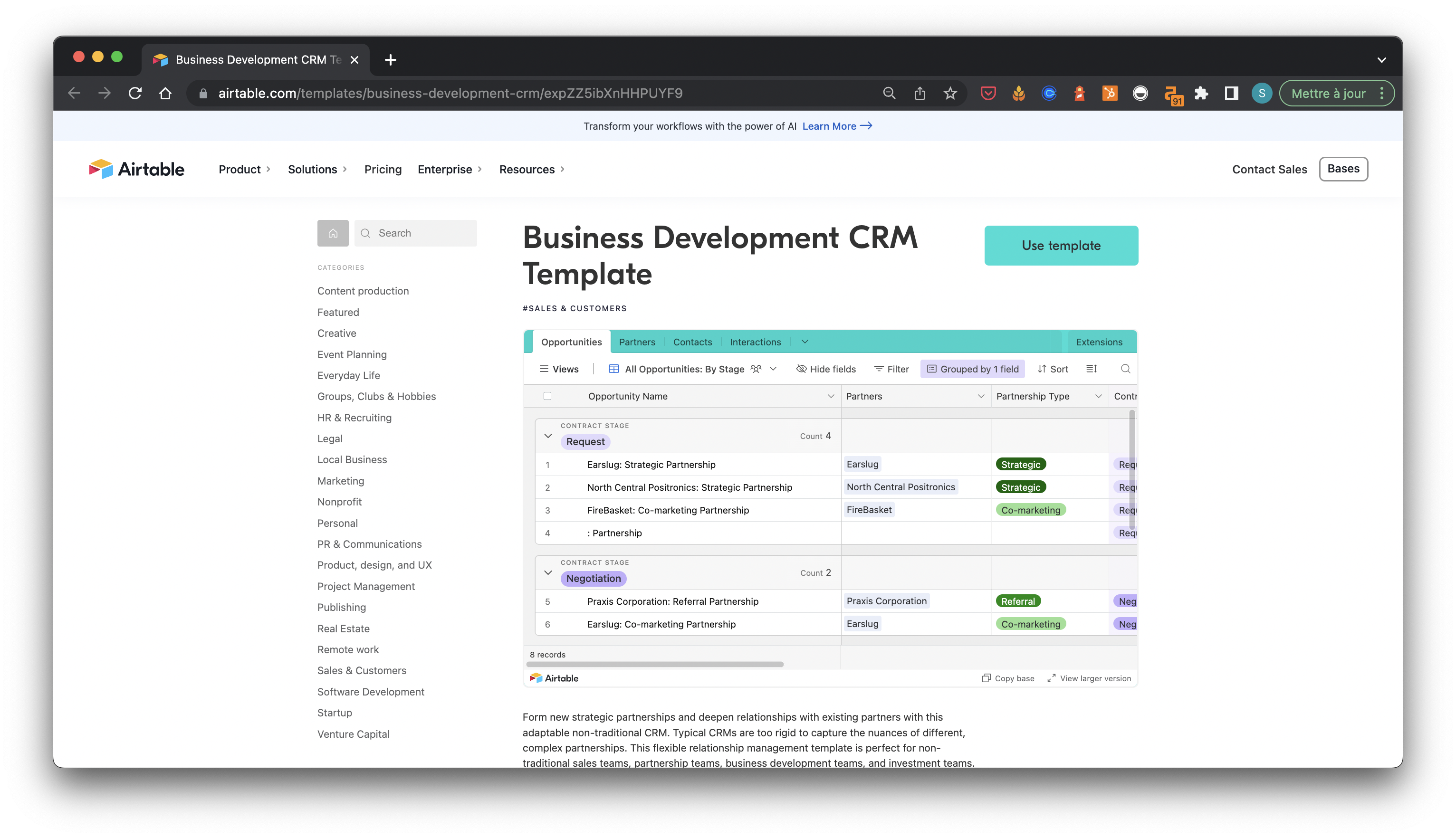 A business development CRM template on Airtable landing page