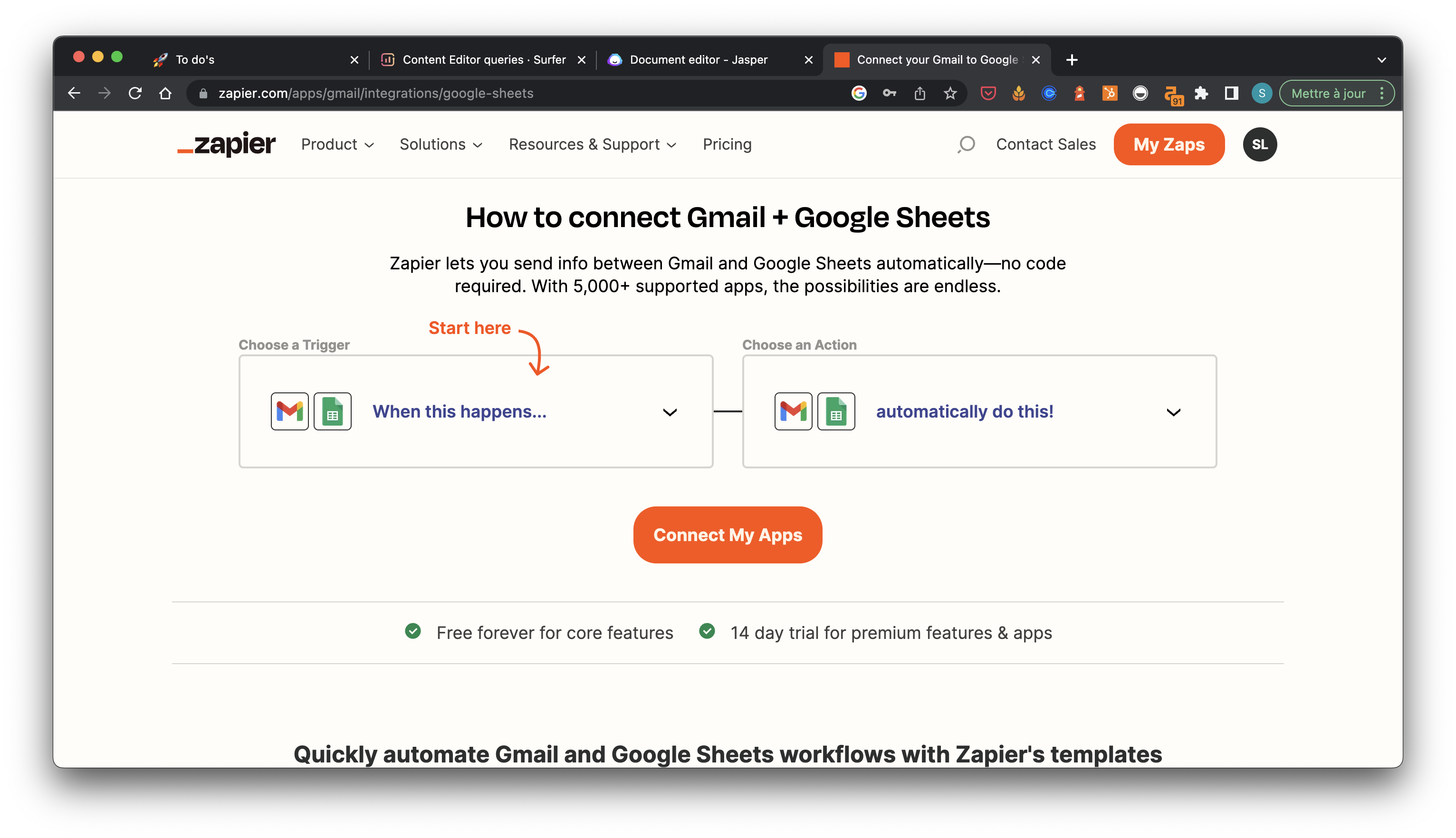 Zapier page showing an integration with Gmail and Google Sheets