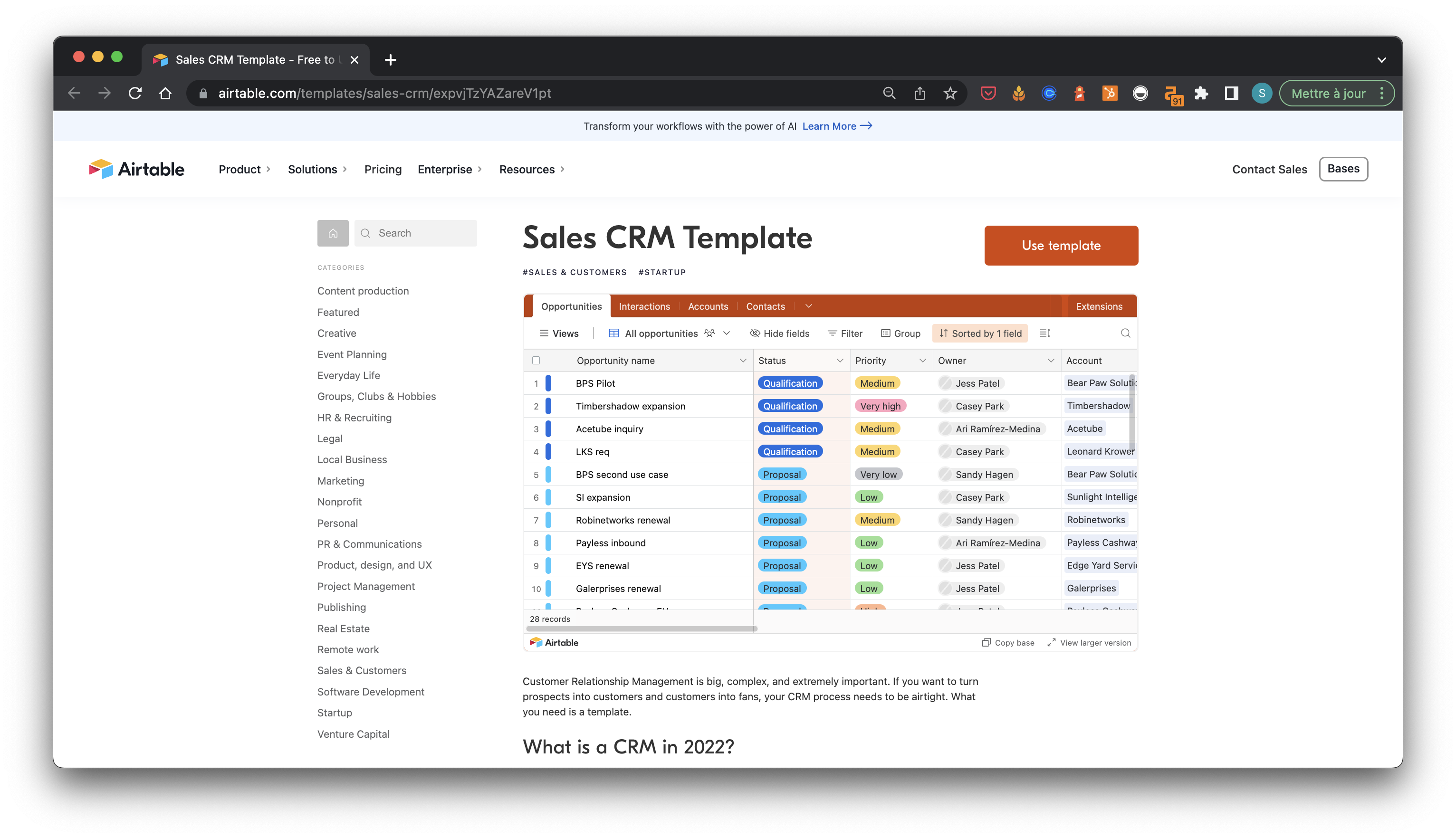A sales CRM template on Airtable landing page