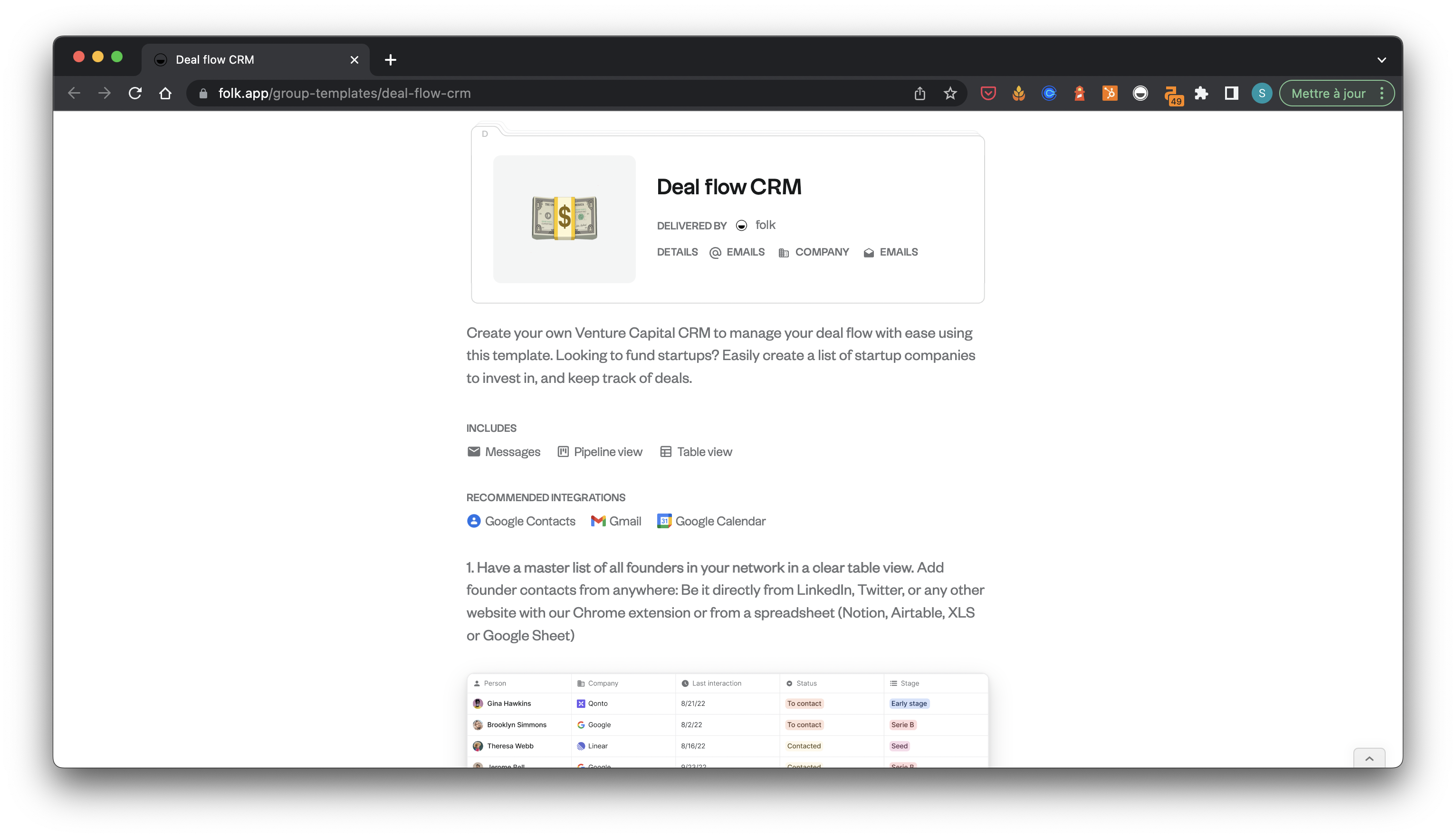 Deal flow CRM template on folk landing page