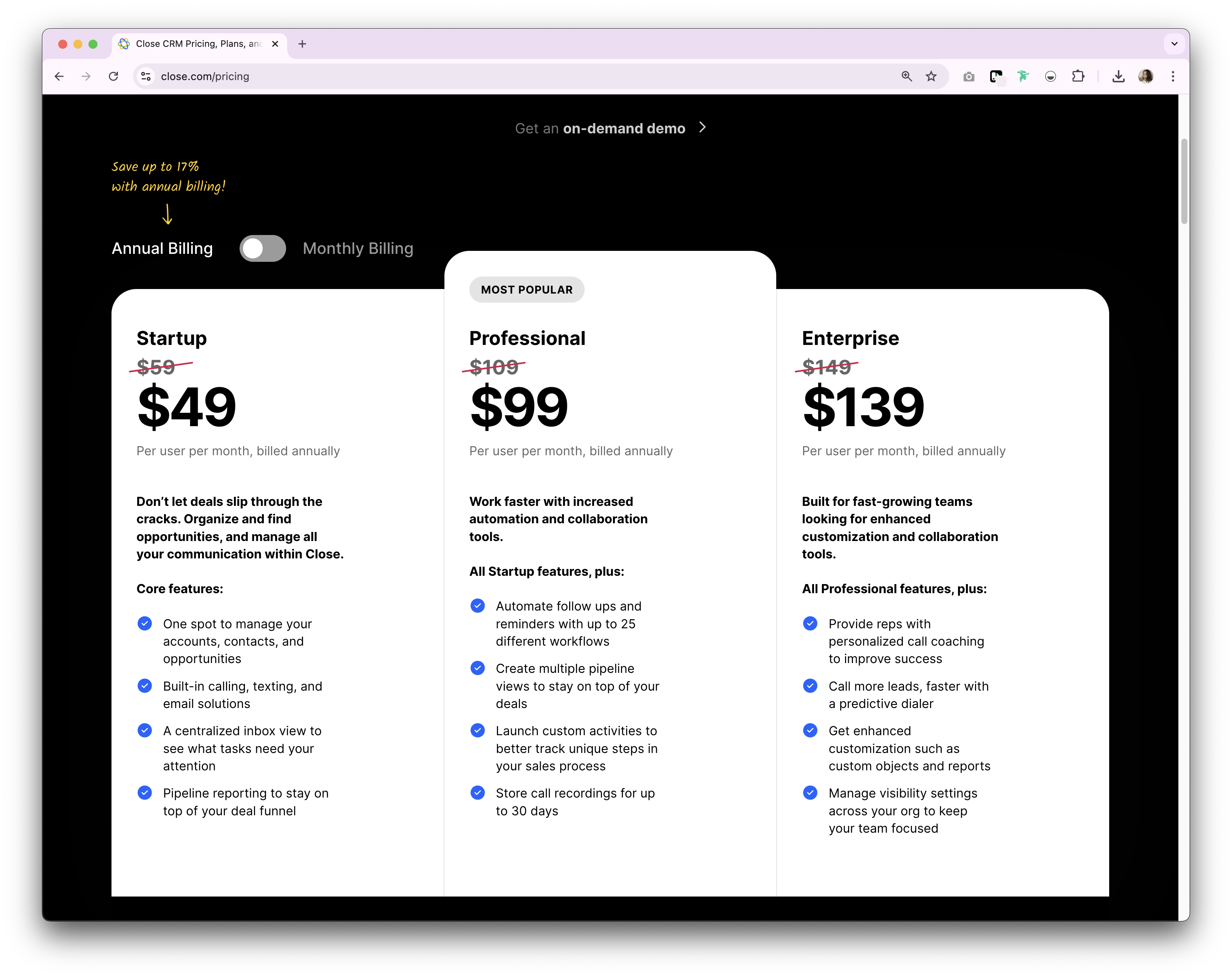 Close CRM prices and plans