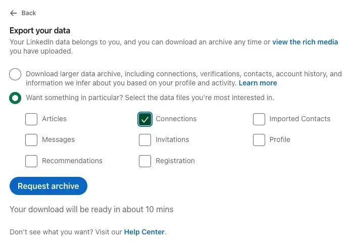 request archive on linkedin
