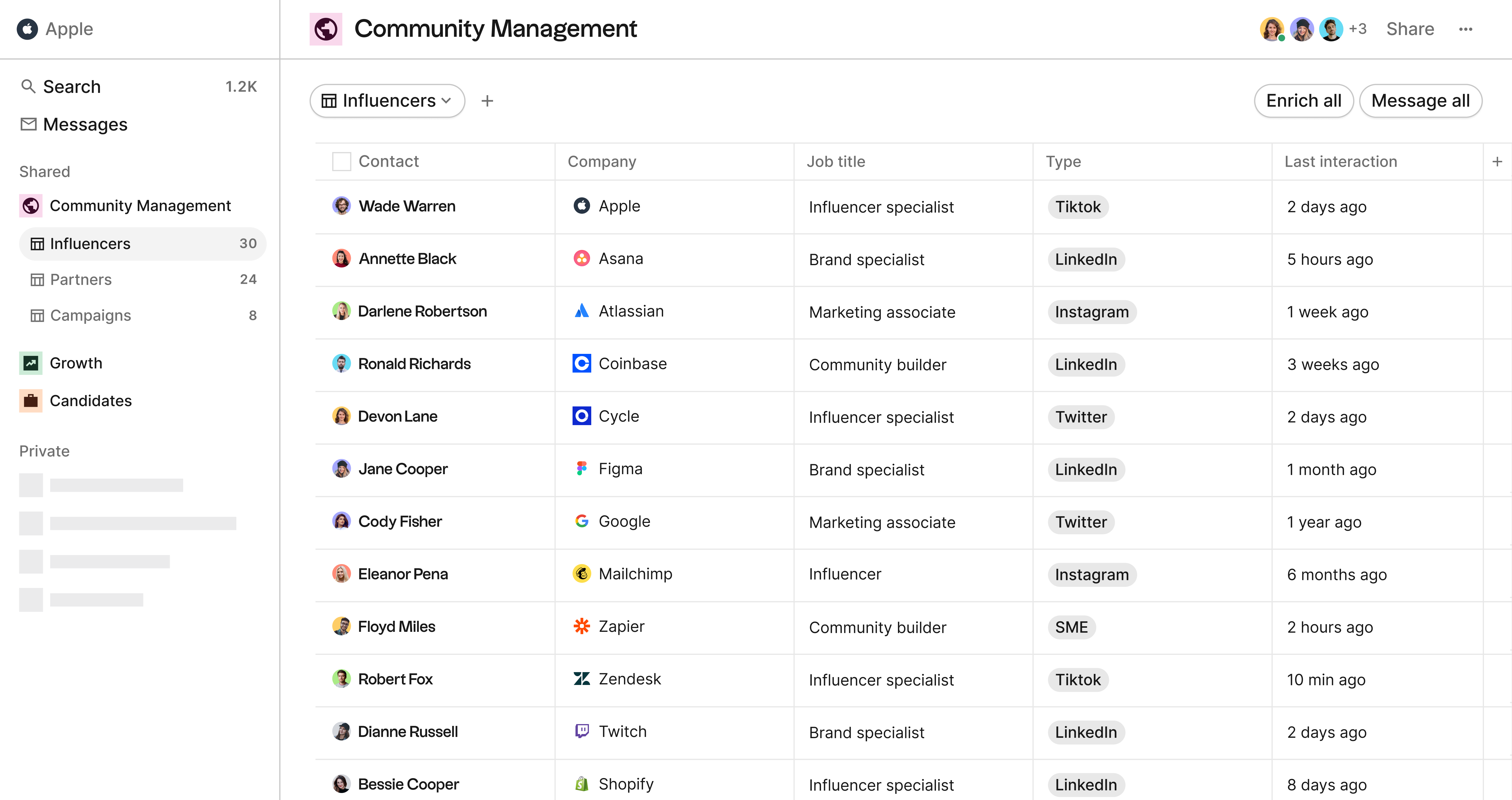 folk CRM contacts table view