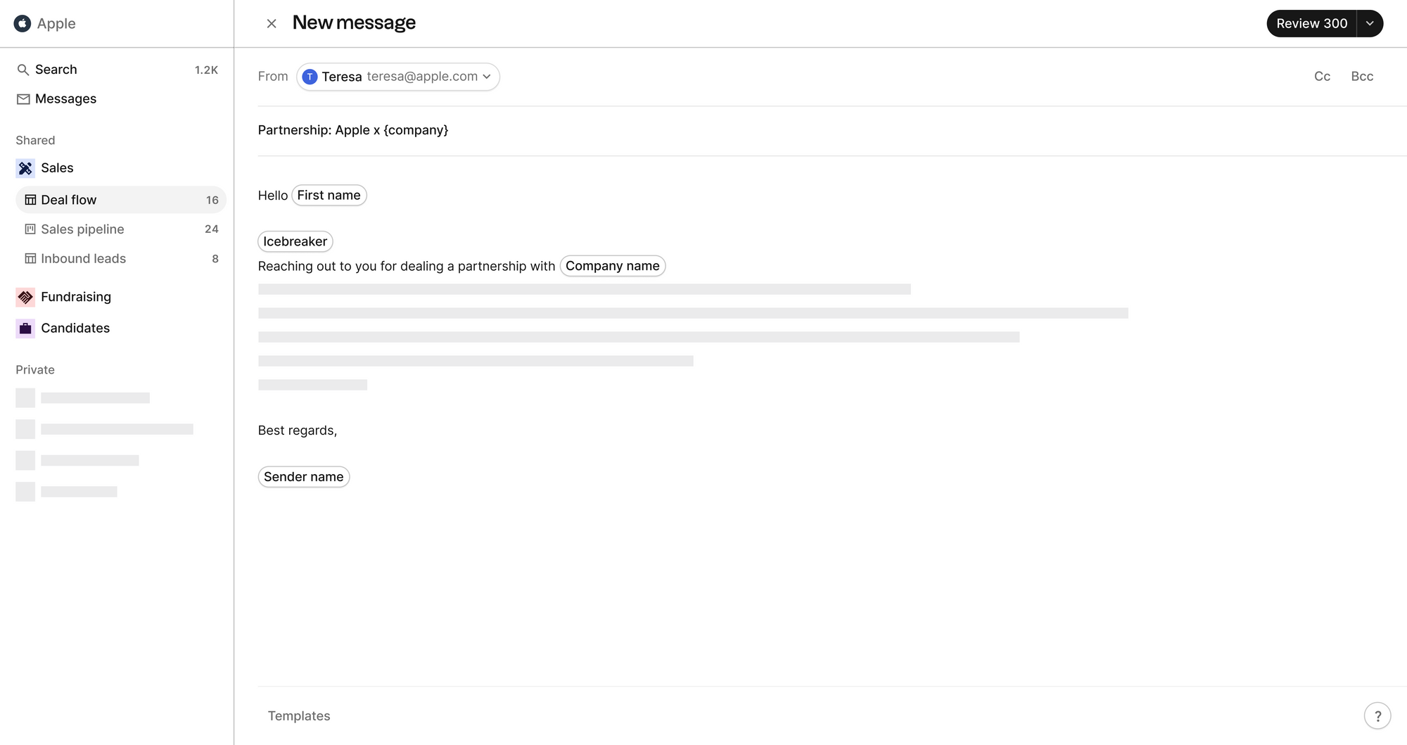 folk affichant un nouveau message en cours de rédaction, avec des variables