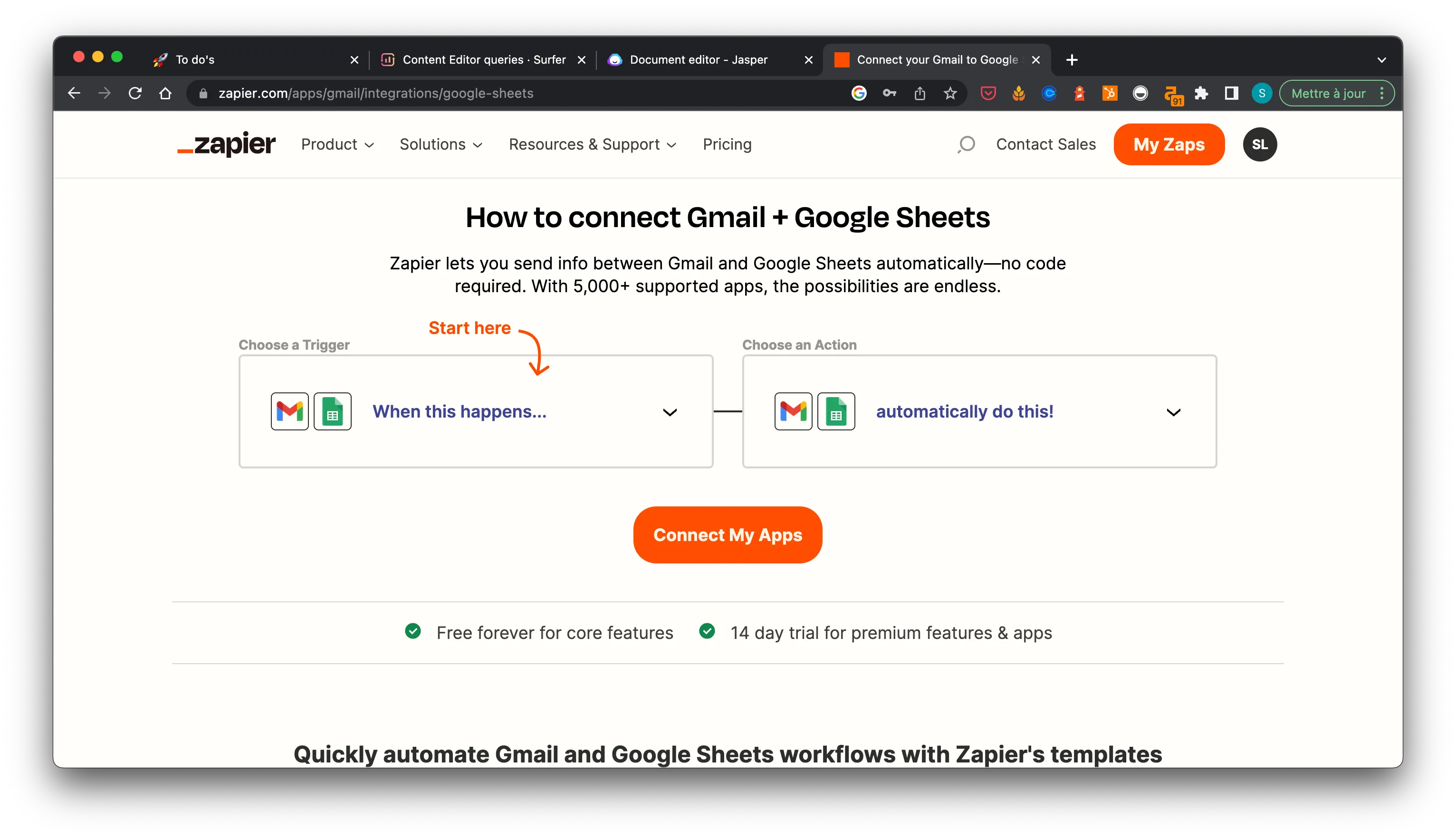 Zapier-Seite, die eine Integration mit Gmail und Google Sheets zeigt