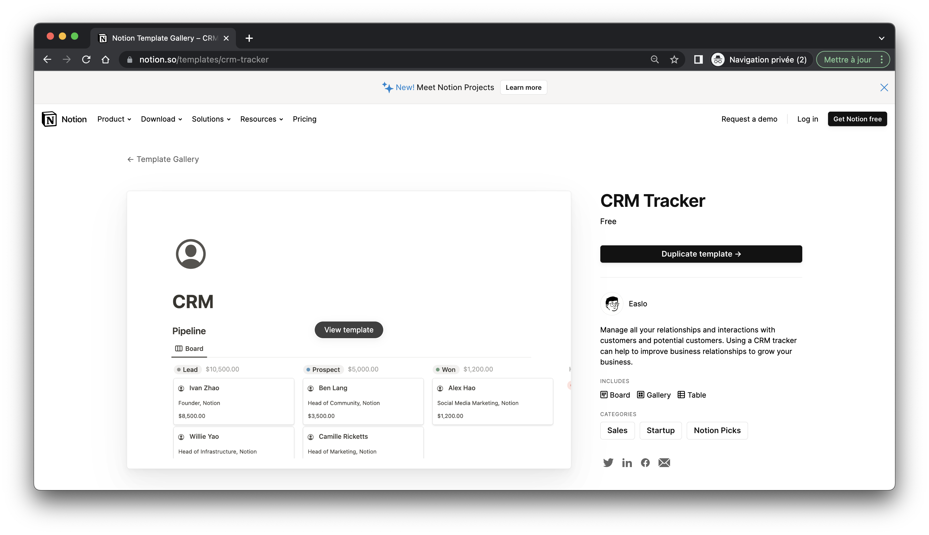 Página de destino de la plantilla Notion para CRM de ventas