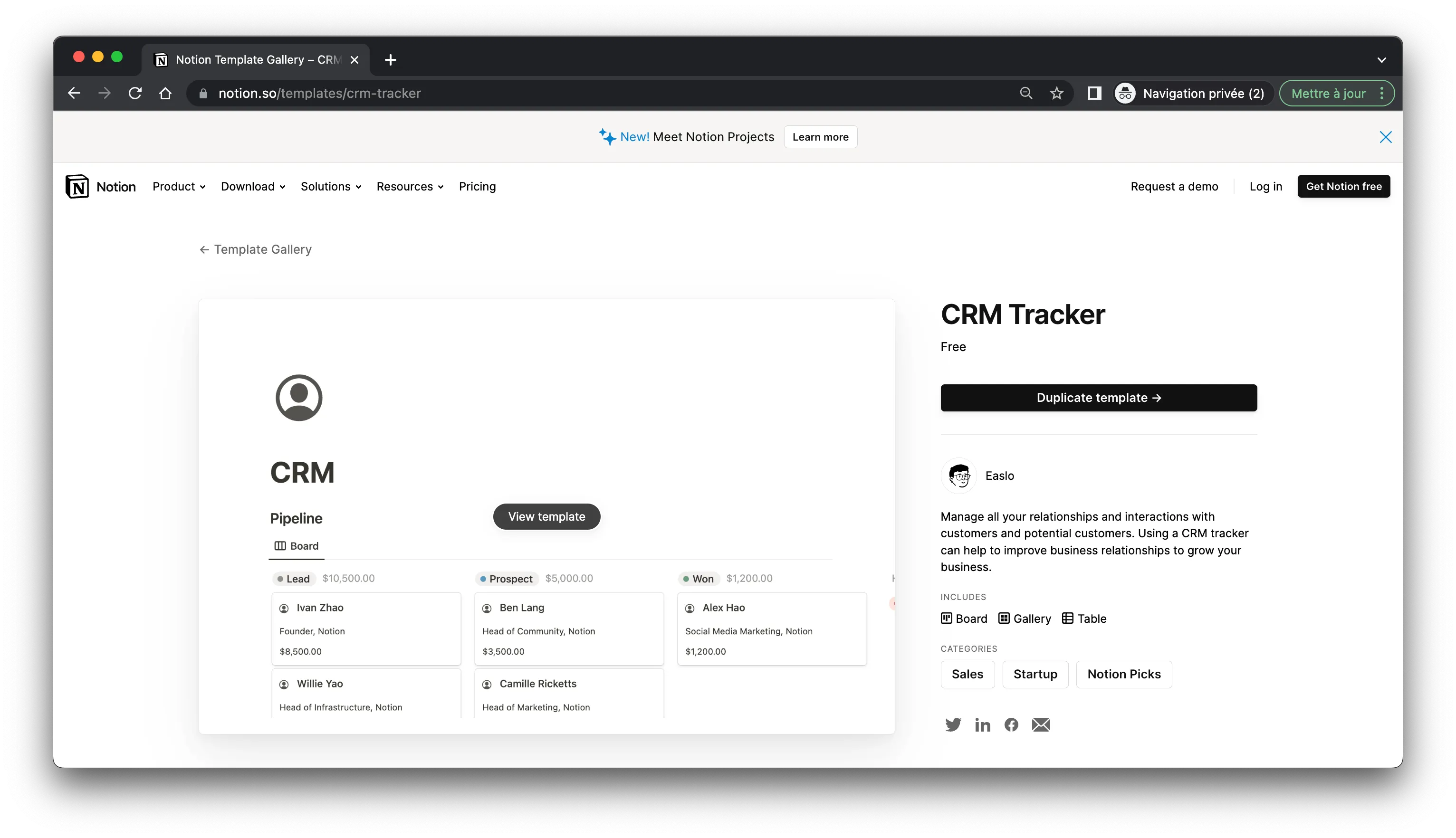 Eine Notion-Vorlage für eine Landingpage für ein Vertriebs-CRM