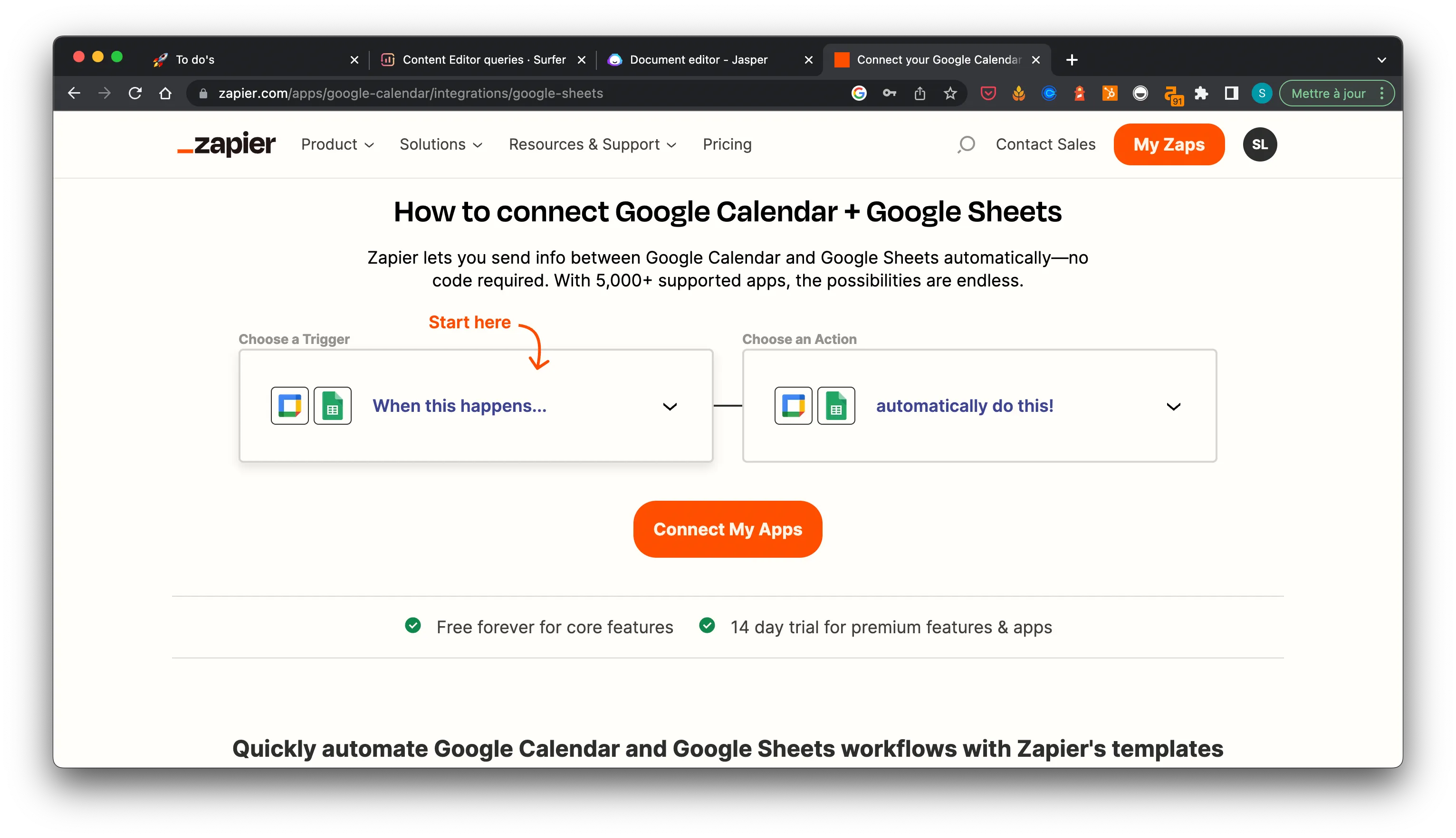Zapier-Seite, die eine Integration mit Google Kalender und Google Sheets zeigt