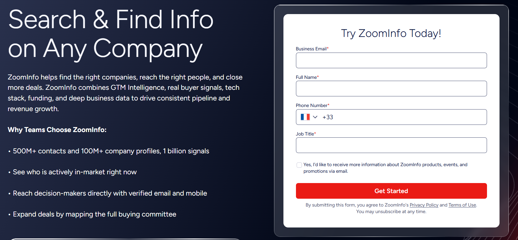 Zoominfo homepage