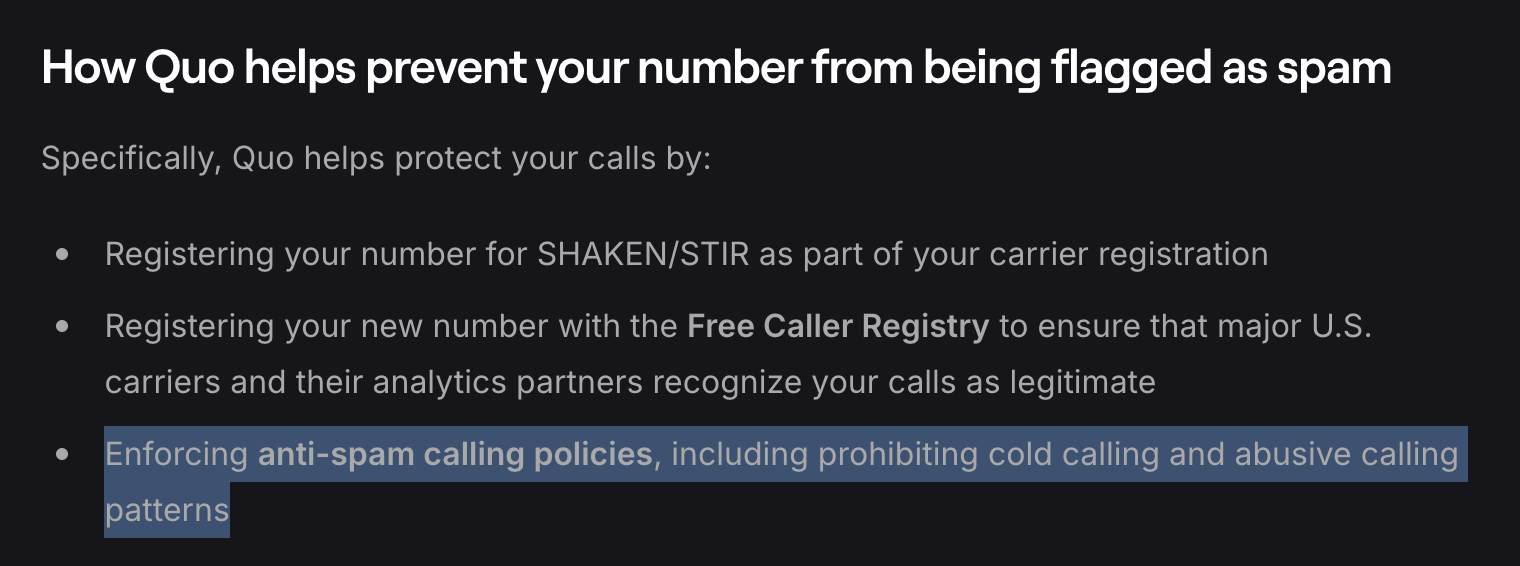 Quo’s helpdesk article explaining why they prohibit cold calls