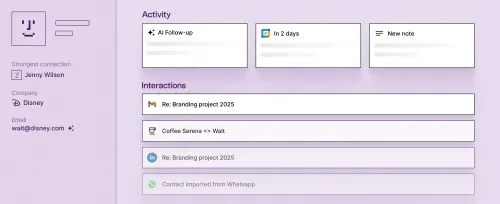 Contact profile interface showing Jenny Wilson from Disney with activity section and recent interactions from various platforms.