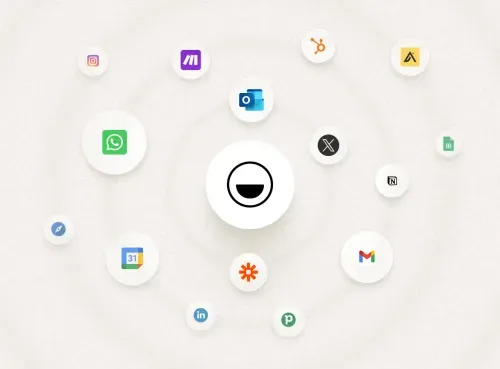 Various app icons arranged in circles around a central smiling face icon