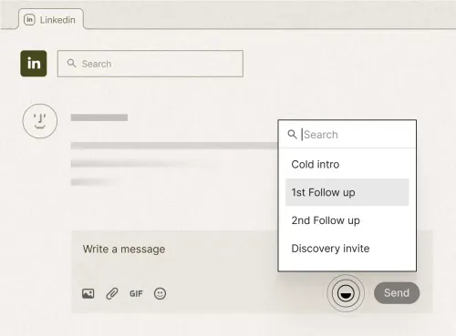 LinkedIn messaging interface showing search bar, message templates, and compose message field
