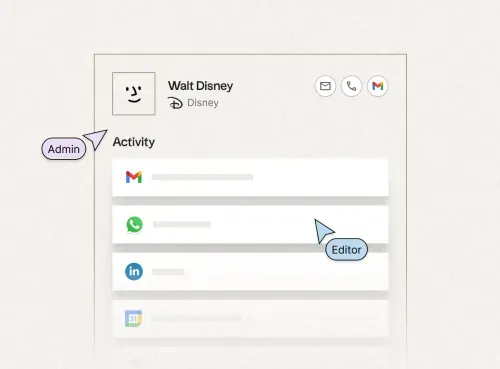 Walt Disney admin contact card with activity feed showing Gmail, WhatsApp, LinkedIn, and Calendar icons