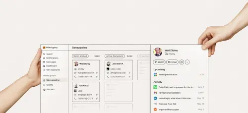 POW Agency sales pipeline interface showing contacts, deals, and Walt Disney profile details