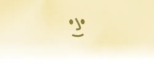 Olive-colored emoticon face with closed eyes and upturned mouth on pale yellow background
