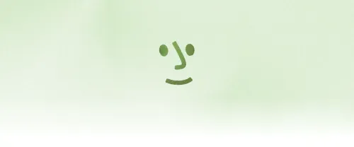Simple green smiling face with oval eyes and curved mouth on pale background