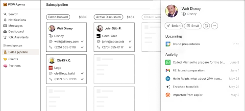 POW Agency sales pipeline dashboard showing demo booked, active discussion, and closed won stages with contact details.
