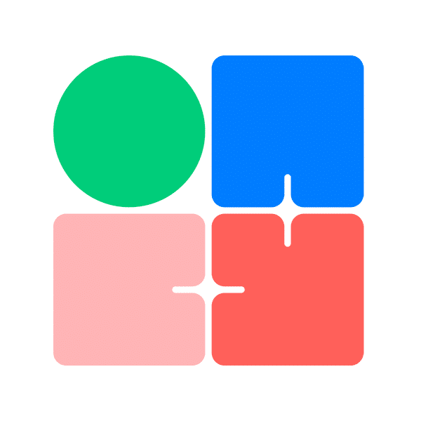 Vier bunte geometrische Formen, angeordnet in einem Rastermuster mit abgerundeten Ecken