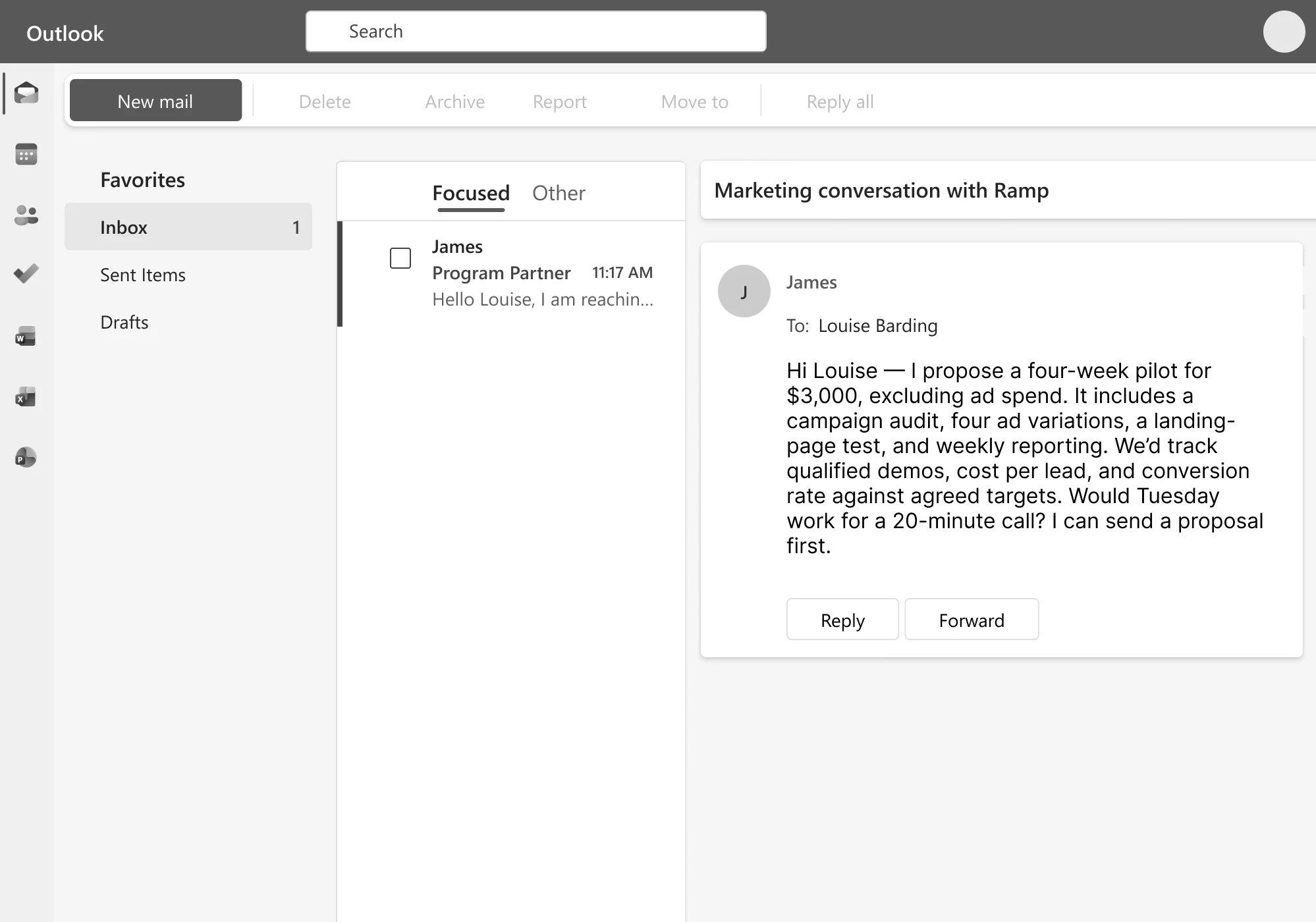 Outlook inbox with an email from James to Louise at Ramp