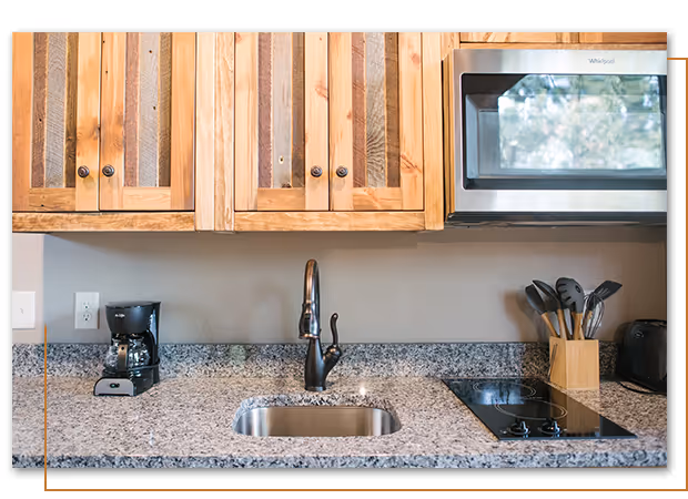 inside kitchen at Falling Rock cabin at Buffalo Ridge Camp Resort in Custer, SD
