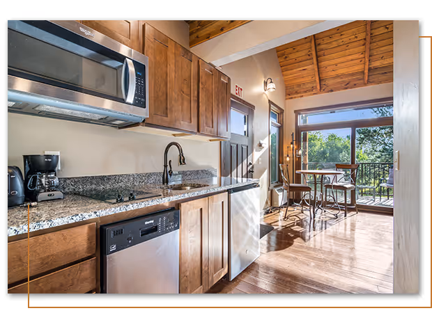 inside kitchen at Valhalla cabin at Buffalo Ridge Camp Resort in Custer, SD