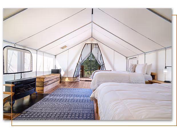 inside of Poplars Edge glamping tent at Buffalo Ridge Camp Resort in Custer, SD