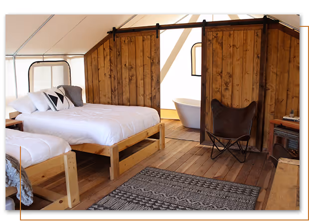 inside of Poplars Edge glamping tent at Buffalo Ridge Camp Resort in Custer, SD